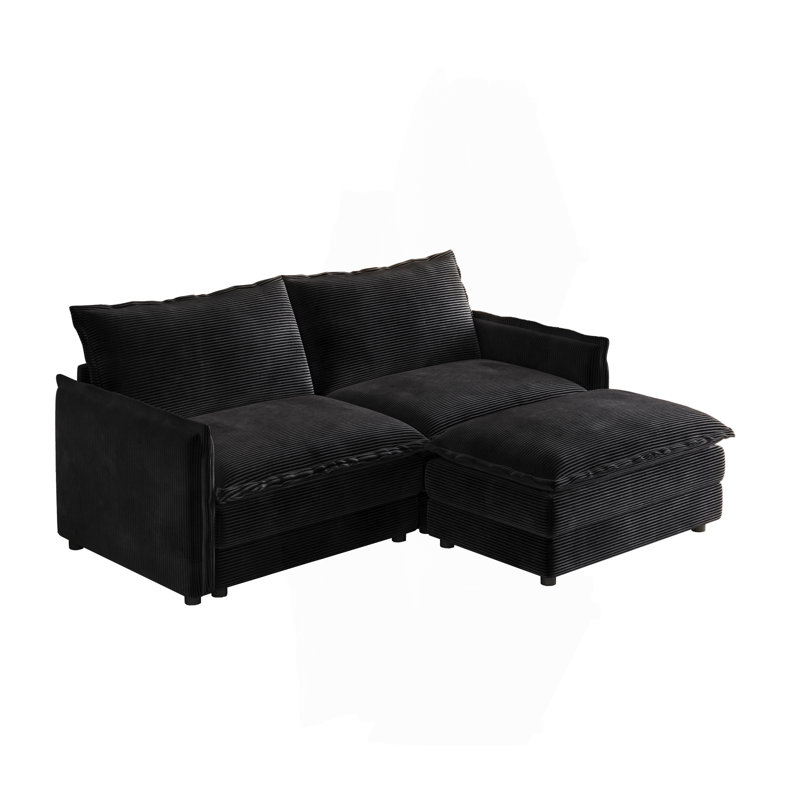 Canapé en tissu avec causeuse en velours côtelé avec 1 repose-pieds pour le salon, canapé modulaire en L 2 places avec repose-pieds, canapé rembourré à 2 places de grande taille avec 2 coussins