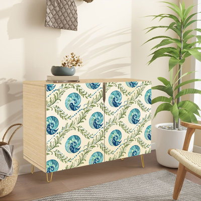 Buffet Buffet avec rangement Seashell Leaf bleu vert beige avec 2 portes pour le salon et la cuisine