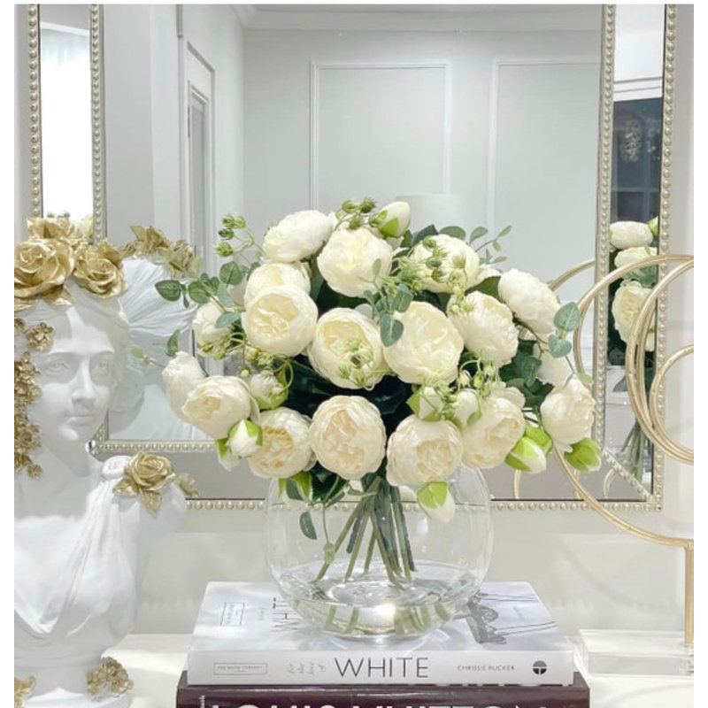 White Peony Faux Centerpiece In Glass Vase, White