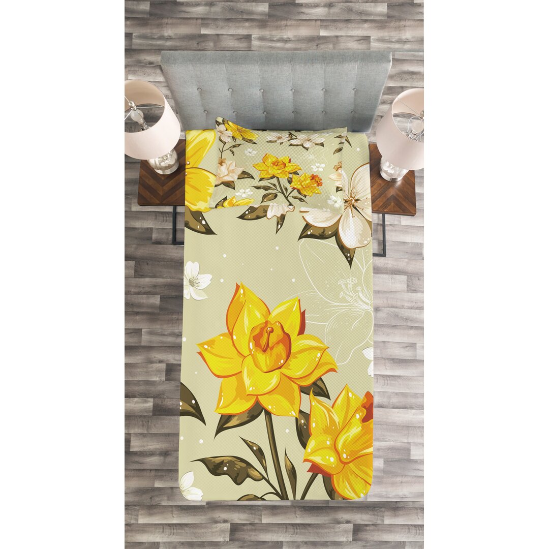 Tagesdecke Set, Floral Narcissus Ast, Frühling, Gelb Khaki Creme