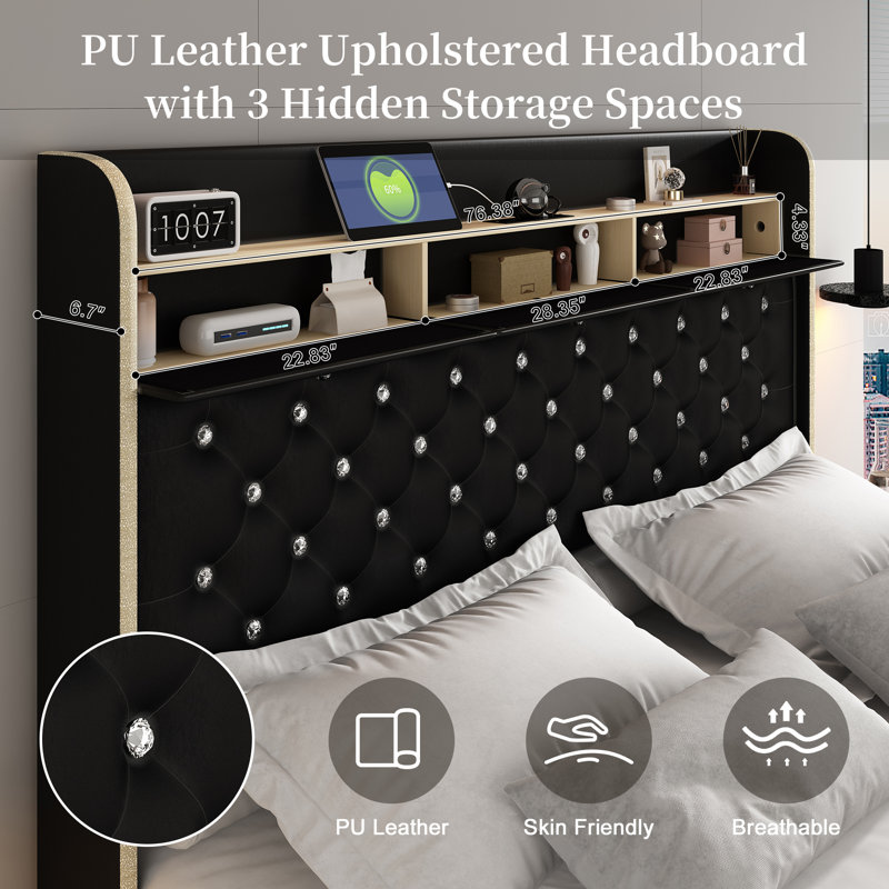 LED Bed Frame with Galaxy Projector, Charging Station, 52" Tufted Upholstered Headboard & 2 Drawers, Black, King