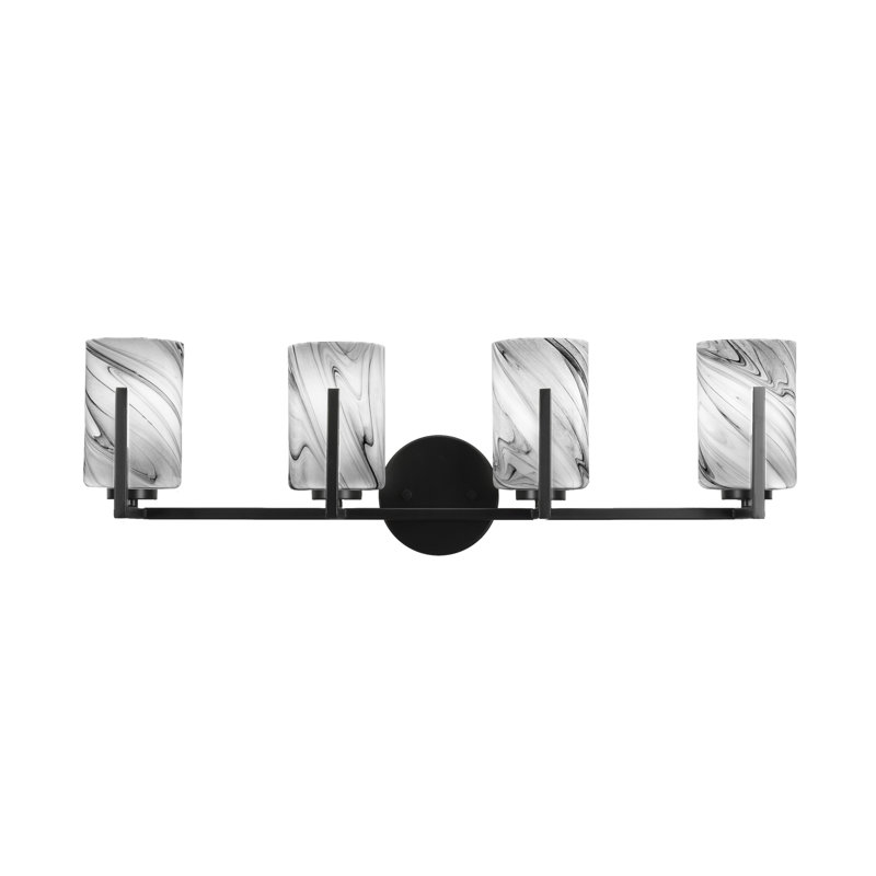 Barre d'éclairage de salle de bain 4 lumières Atlas au fini noir mat avec verre tourbillon onyx de 4 po