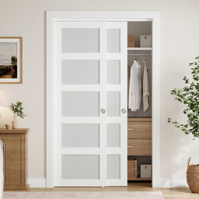 48 in. x 80 in. White 5-Lite Tempered and Frosted Glass Sliding Closet Door with Installation Hardware Kit
