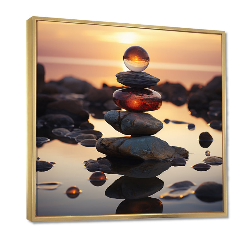 «Cairn River Rock Zenscape - Spiritual Stone», reproduction d'art mural, Cadre flottant doré, H 16 po x l 16 po x P 1 po