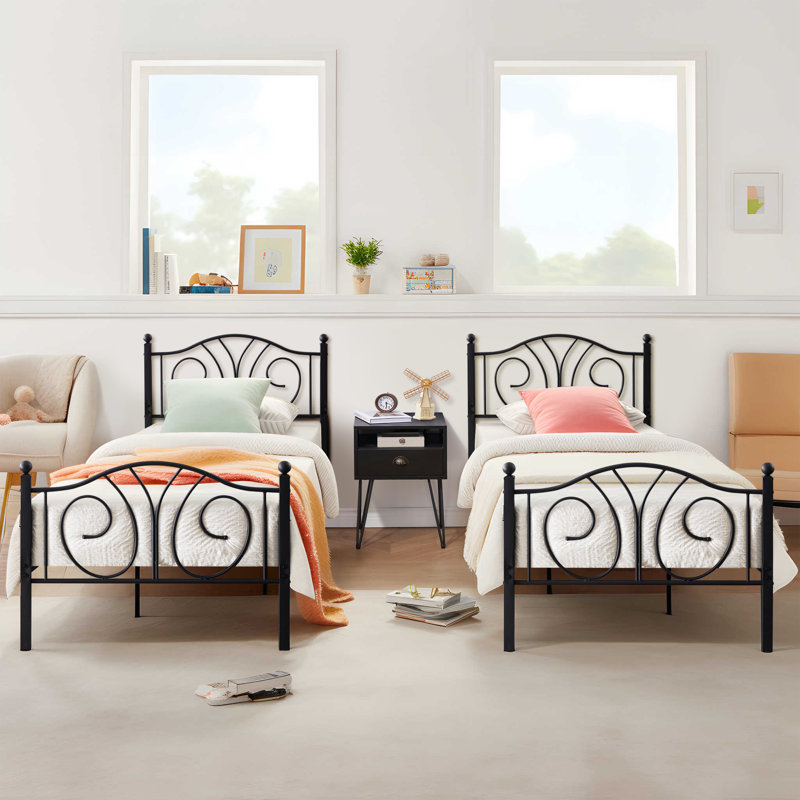 Set of 2 Twin Size Modern Black Metal Platform Bed with Headboard and Footboard, 12.6" Under Bed Storage, Black