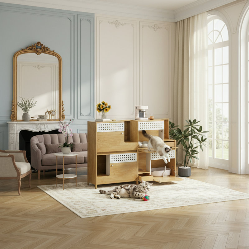 Buffet 2 en 1, maison de chat, Naturel