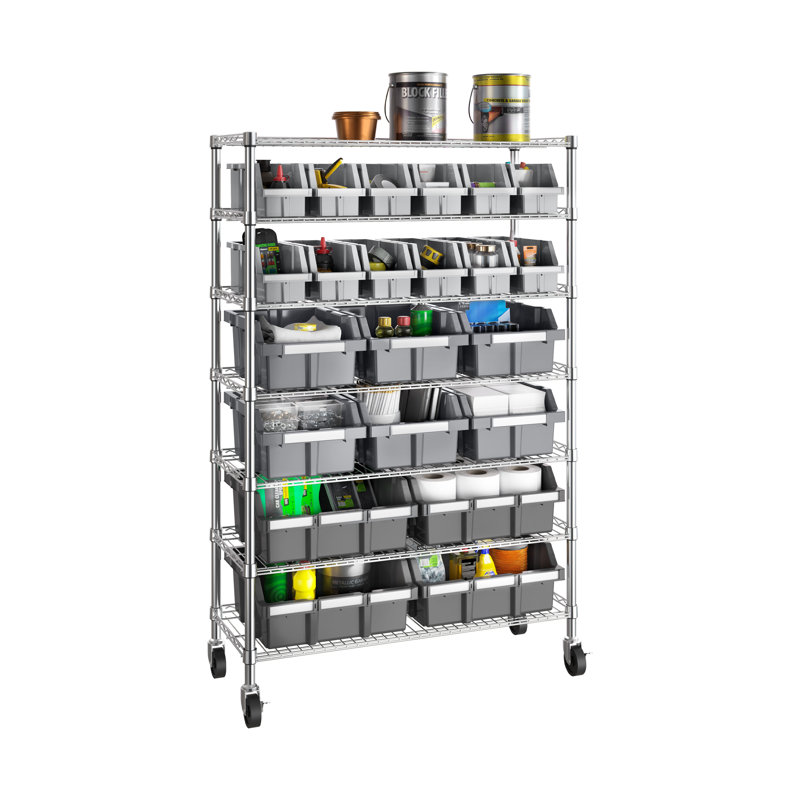 36" W NSF-Certified Commercial 7-Tier 22-Bin Storage Rack with Wheels