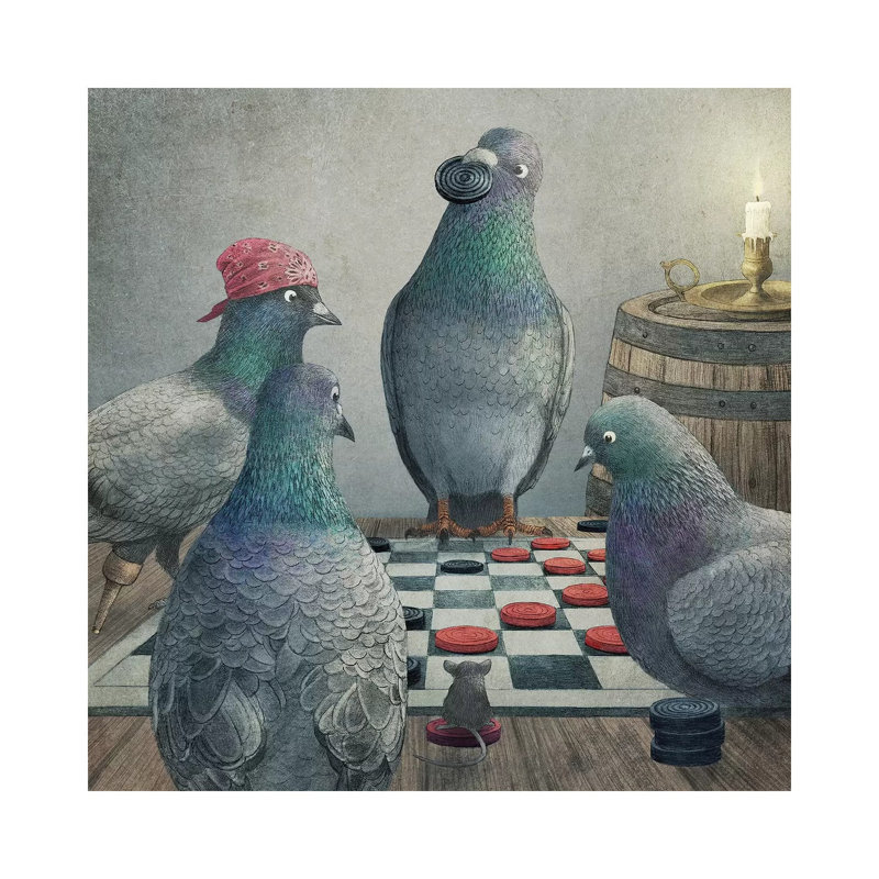 Checker Playing Pigeons by Terry Fan - Print on Canvas, 30.48 cm H x 30.48 cm W, Wrapped Canvas