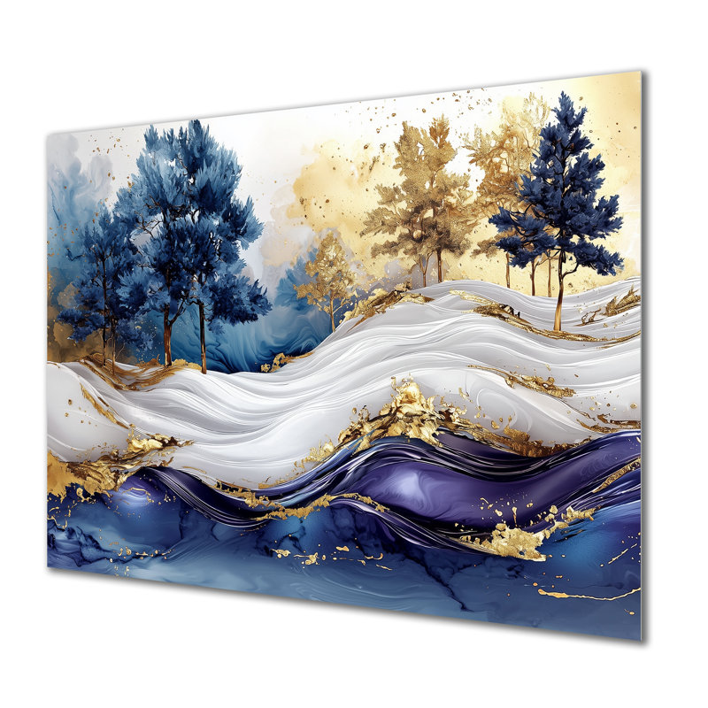 «Golden Trees Aurora Over The Marble Peaks II», art mural abstrait en métal, H 34 po x l 44 po