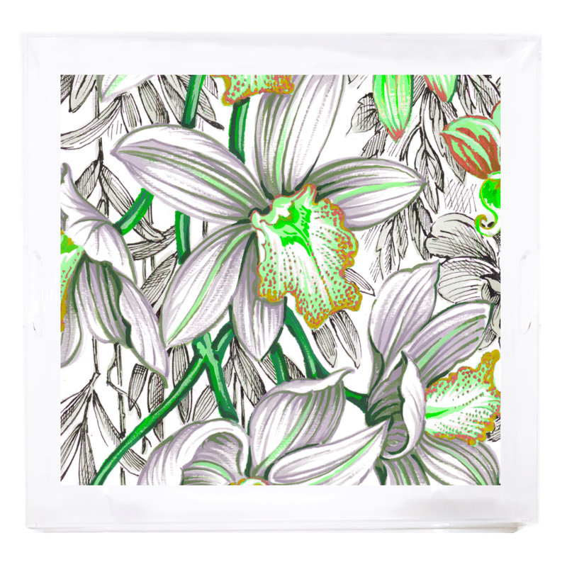 Orchid Cymbidium Acrylic Square Decorative Tray, Green