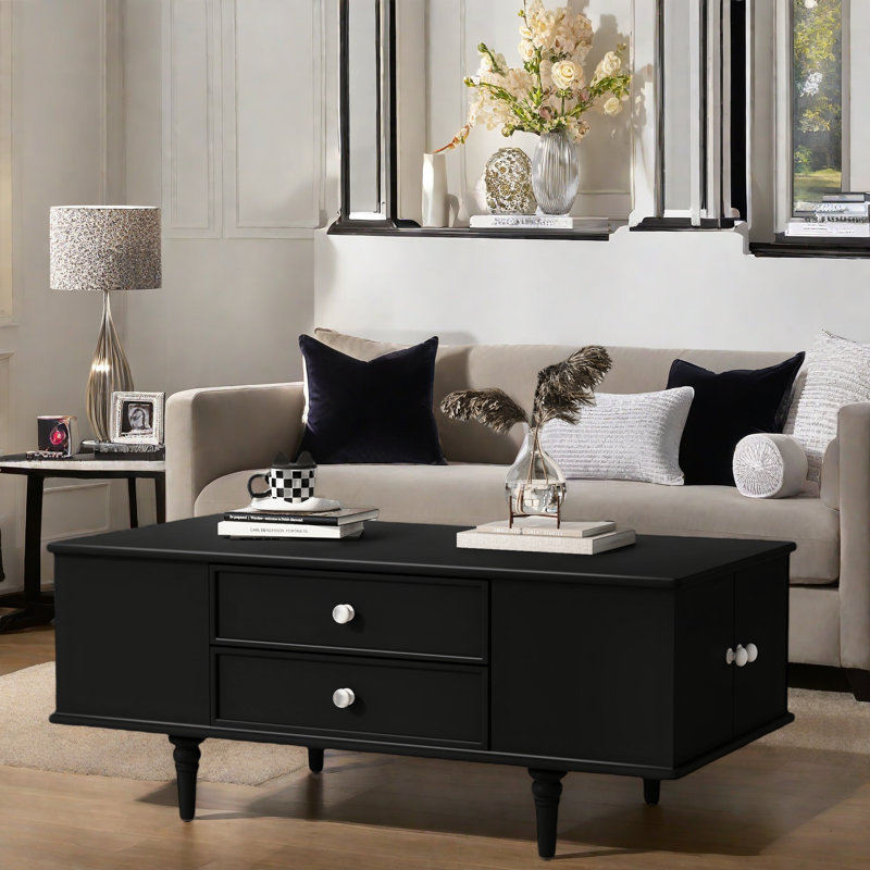 Table basse avec quatre tiroirs et deux compartiments de rangement latéraux cachés, Noir
