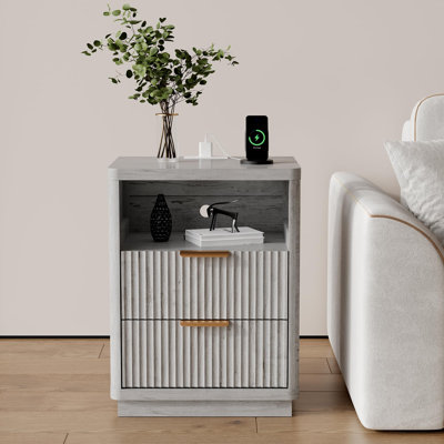 Fluted Nightstand with Charging Station, Mid Century Modern Fluted Nightstand, Modern End Table with Curved Corners