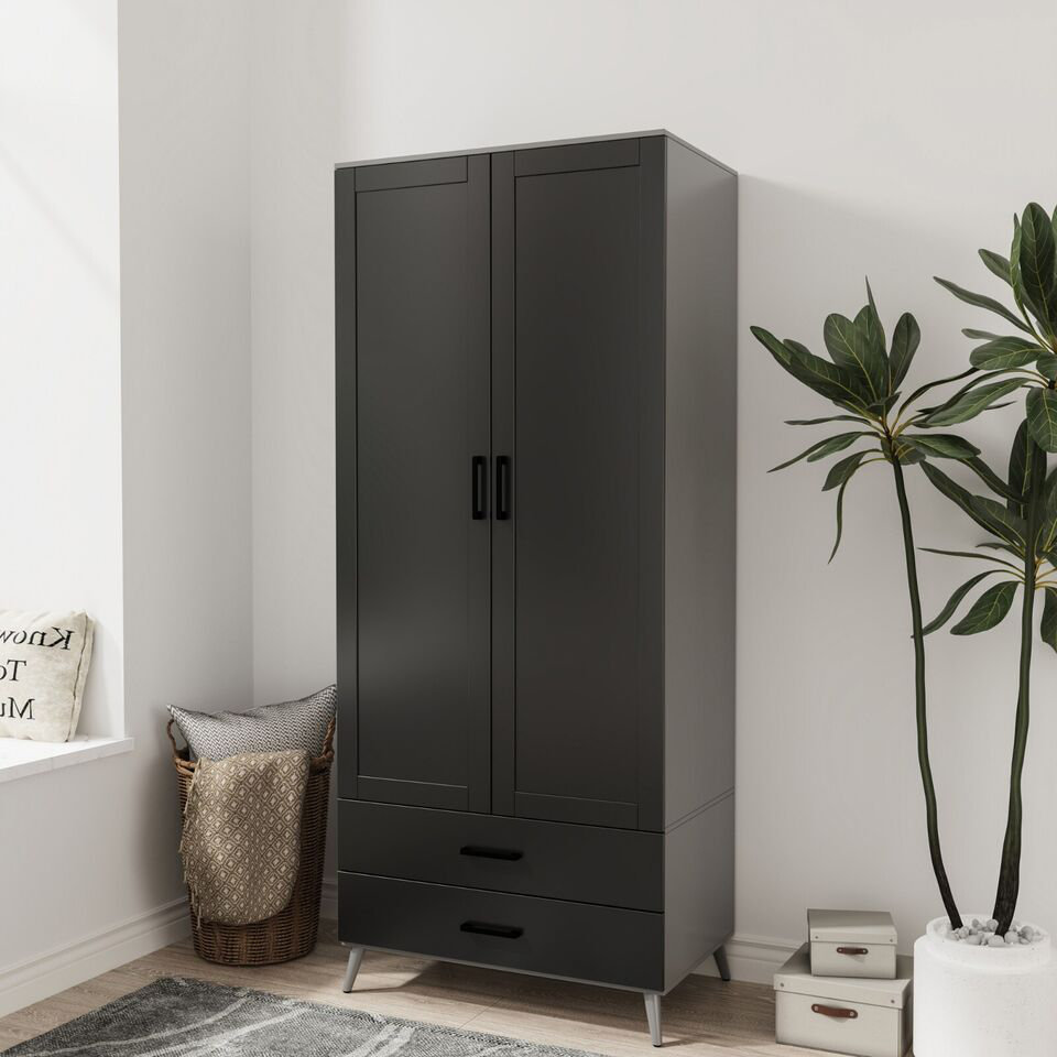Wardrobe 2 Door 2 Drawer Modern Bedroom Clothes Storage Hanging Rail 180cm