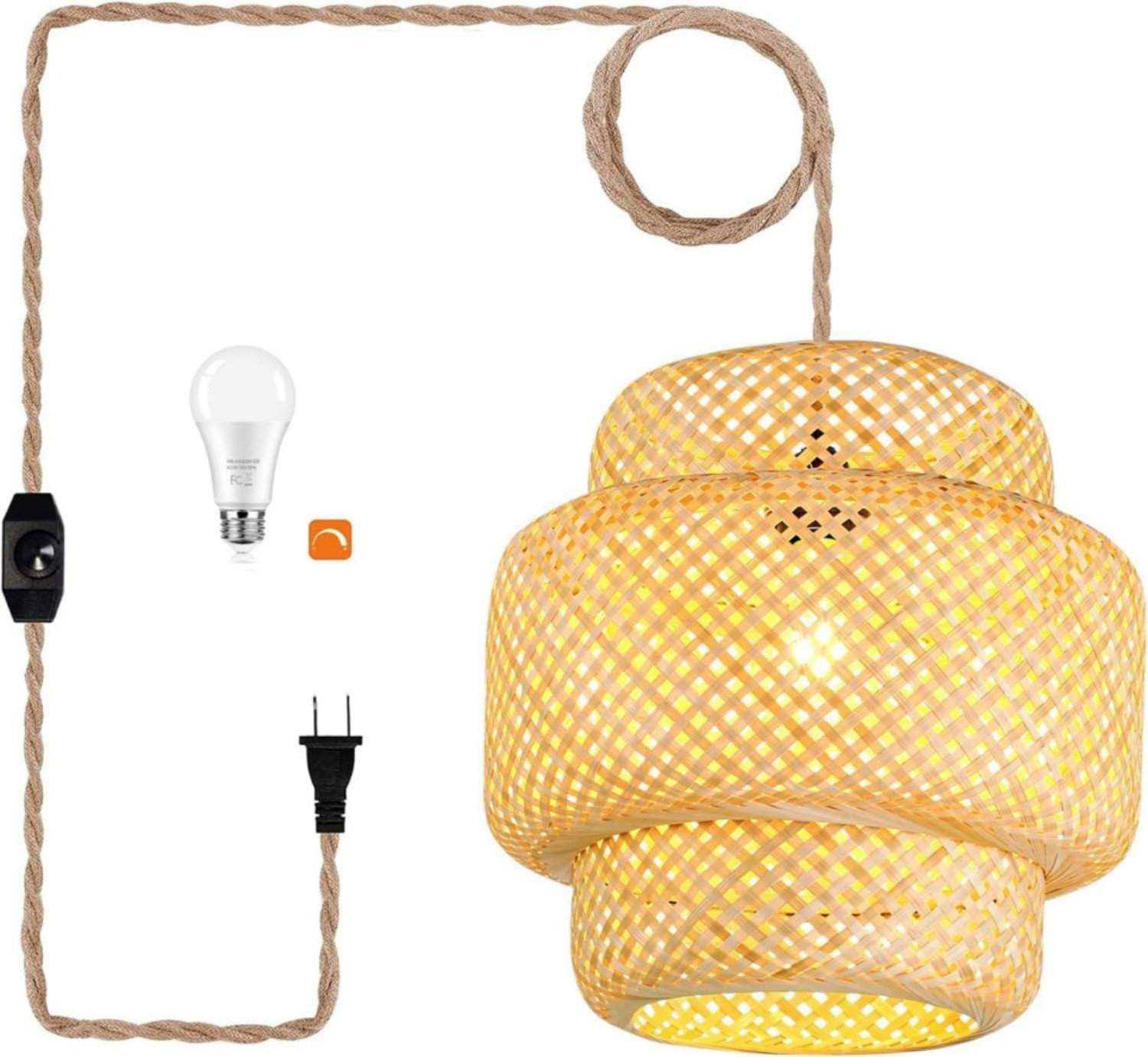 Lampe Suspension Rotin Naturel Vintage Avec Poulie Réglable – Plafonnier Bohème Osier Bambou LED E27 Pour Cuisine, Salon, Chambre – Style Rustique Élégant