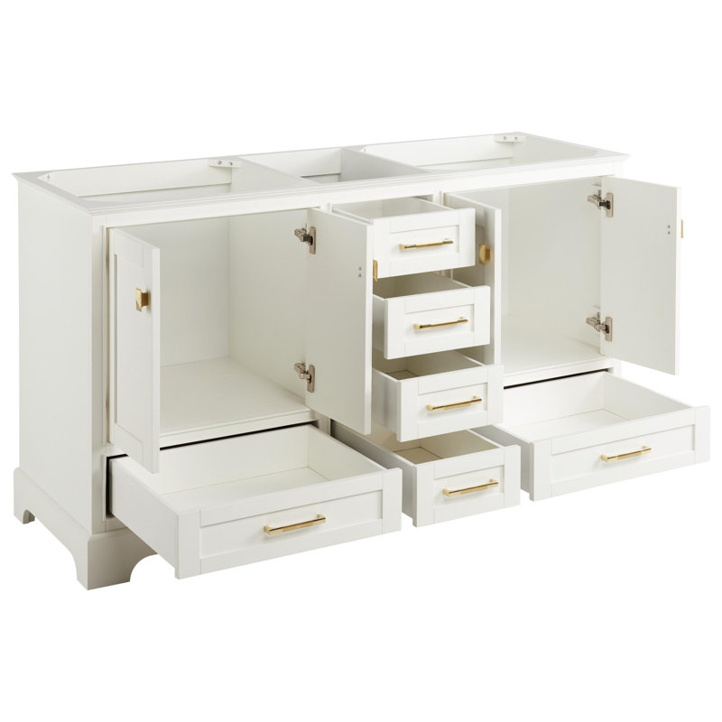 Quen 60" Freestanding Double Basin Vanity Set with Cabinet, Vanity Top, and Oval Undermount Sinks, Soft White, Satin Brass