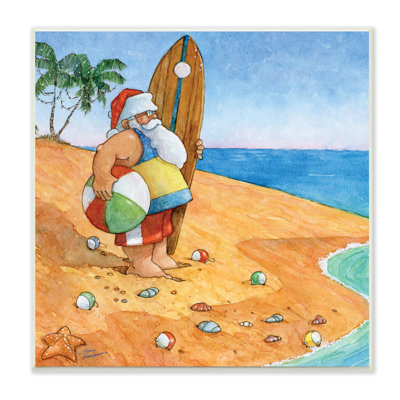 «Santa Claus On Beach Surf Board Tropical Christmas», estampe numérique encadrée de Steve Vanderbosch