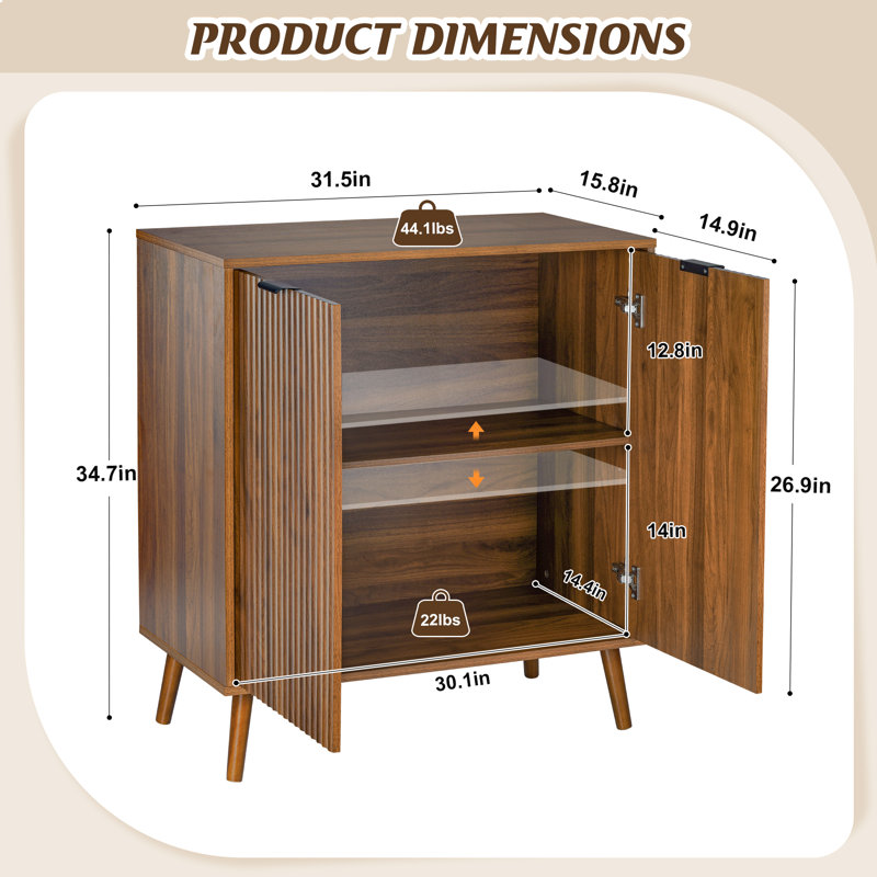 Sideboard And Buffets Cabinet, Fluted Sideboard Cabinet, Kitchen Buffet Table, Dining Storage Credenza, 31.5 X 15.8 X 34.7 In