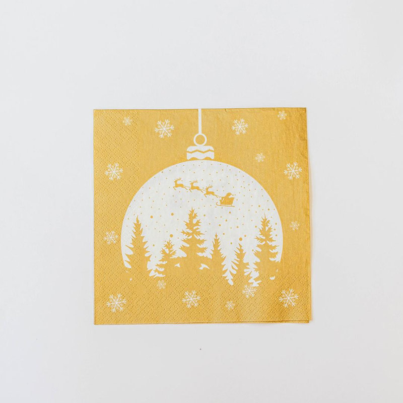 Ensemble de 20 serviettes de table Père Noël volant à travers une boule sur fond doré, Jaune