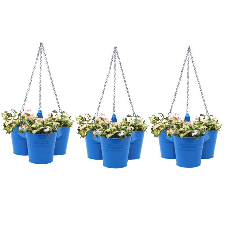 Enameled Galvanized Steel Triple Hanging Planter, Blue