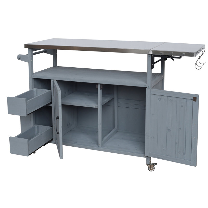 54.33" Farmhouse Rolling Outdoor Kitchen Cart, Solid Wood Frame with Stainless Steel Top, Spice Rack, Towel Rack, Lockable Wheels & Multi-Functional Storage for Patio, Backyard BBQ & Kitchen