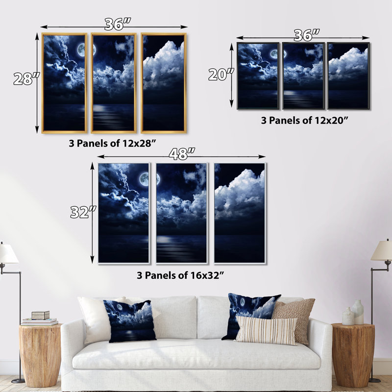Pleine lune dans un ciel nocturne nuageux - ensemble d'art moderne sur toile encadrée moderne de 3, H 28 po x l 36 po