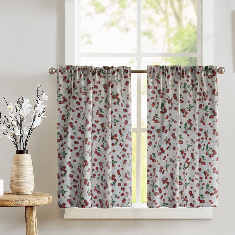 White Cotton Cherry Print Sheer Kitchen Tier Curtains