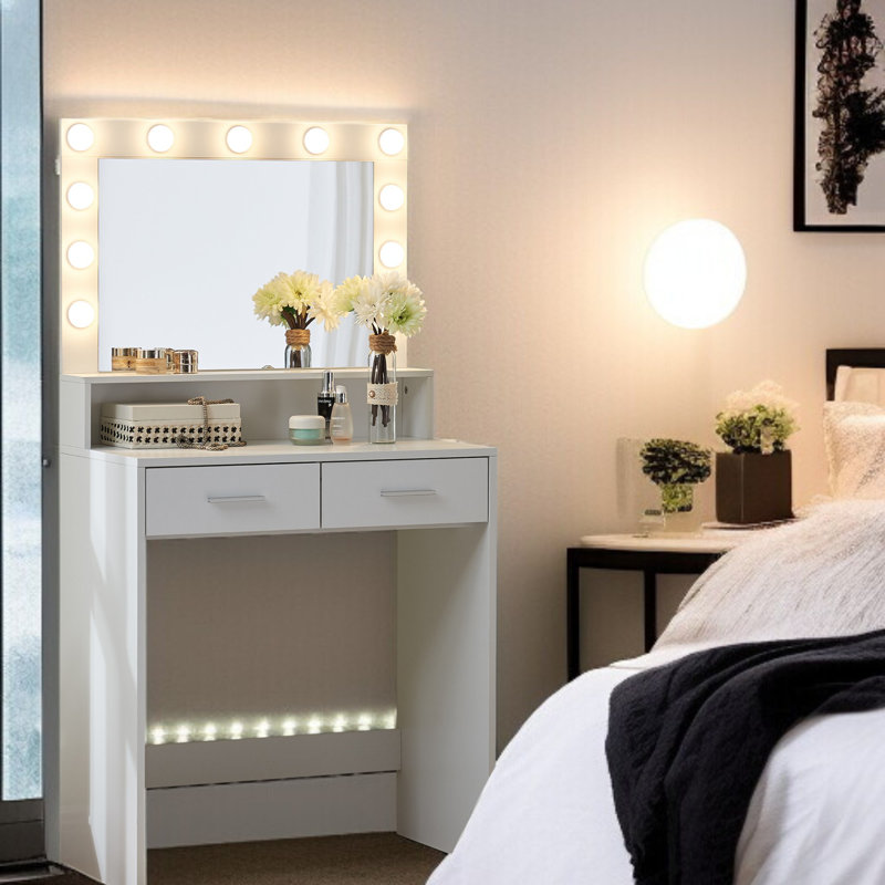 Table de coiffeuse blanche moderne avec miroir et éclairage à DEL réglable, grand tiroir et deux niveaux de rangement pour la chambre à coucher