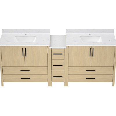 Bathroom Vanity With 84-Inch Double Sinks, White Countertop, -Faced Board, Combinable Design, Hinges, Effortless Setup 84" Sinks Freestanding Vanity, And Plywood, Cushioning Rail Device,