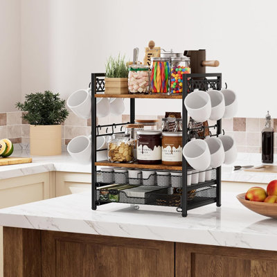 Organisateur de coin café, porte-capsules K-Cup, 30 compartiments, porte-tasses avec 12 crochets, 2 tiroirs, multifonctionnel, brun rustique