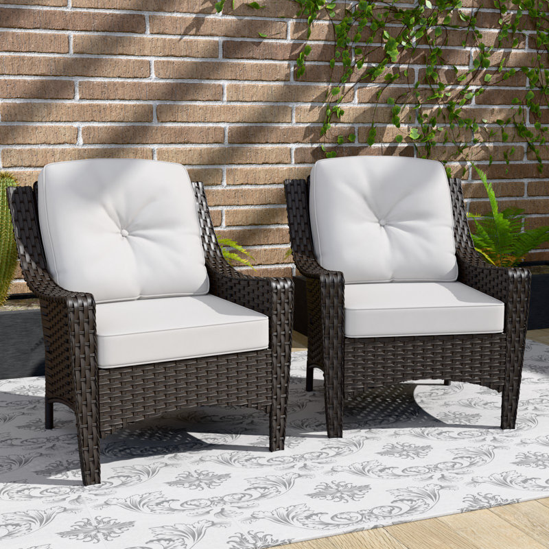 Outdoor Wicker Rattan Patio Chairs with Cushions (Set of 2), Beige