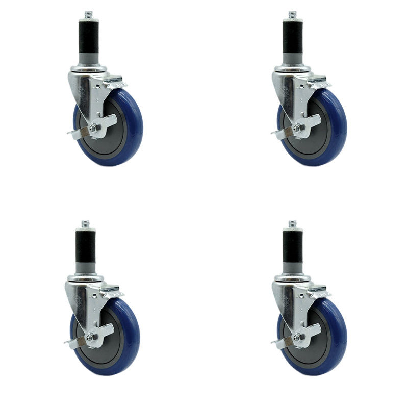 5 Inch Polyurethane Wheel Swivel 1-3/8 Inch Expanding Stem Caster Set Brake, Bleu