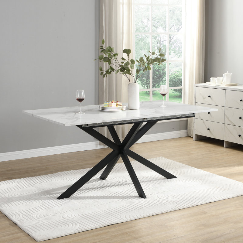 Extendable Dining Table 160cm Marble Effect Black X Leg 4-6 Seater Modern