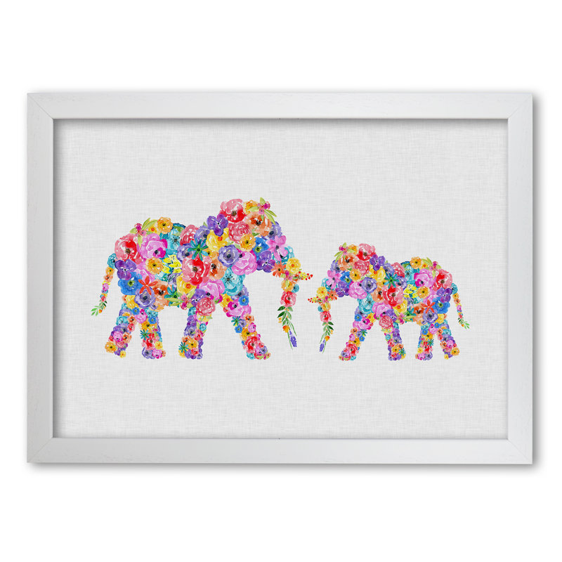 Floral Elephants - Print, 42 cm H x 60 cm W x 5 cm D, White Grain Frame