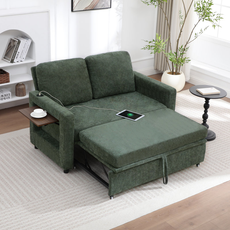 Upholstered Convertible Sleeper Sofa featuring USB Ports and Side Pocket, Dark Green Linen