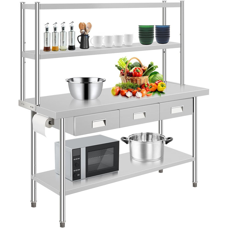 Table de 24 po en acier inoxydable avec tablettes et 3 tiroirs, tablettes de table de travail Nsf, table de préparation en métal pour la cuisine, la cuisine et le garage