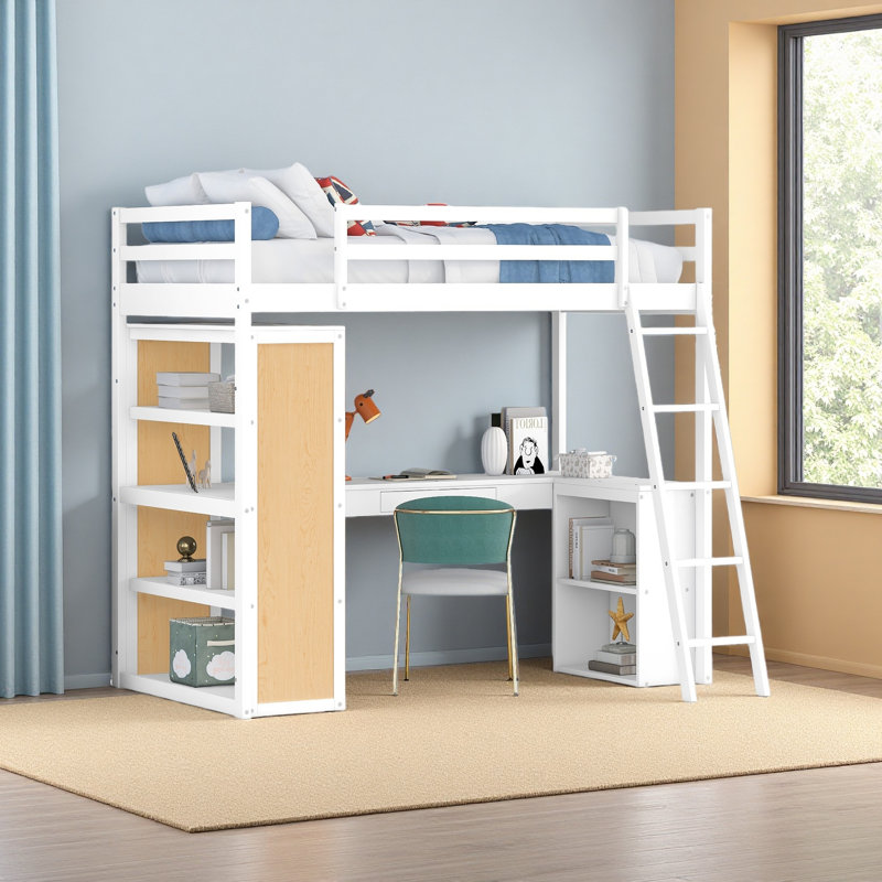 Lit mezzanine simple avec échelle, tablettes et bureau