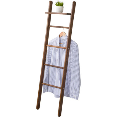  | 4-Rung Solid Wood Blanket Ladder Decorative Lean-Against Wall Towel Rack - Walnut