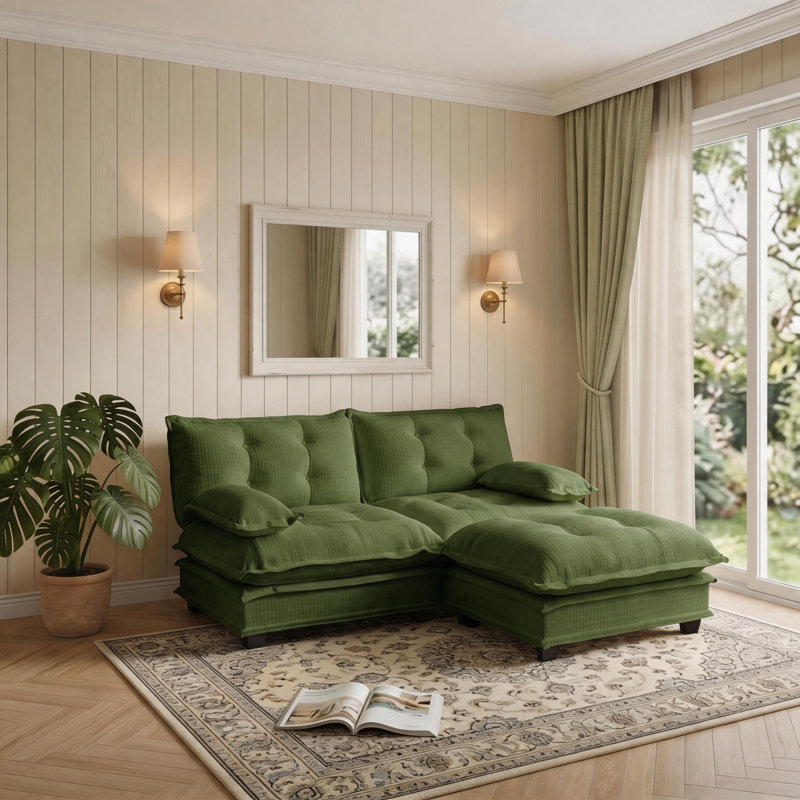 Canapé modulaire en L 77 po avec repose-pieds et siège profond L 77 po, Green Chenille, 35.4" H x 77" W x 33.8" D