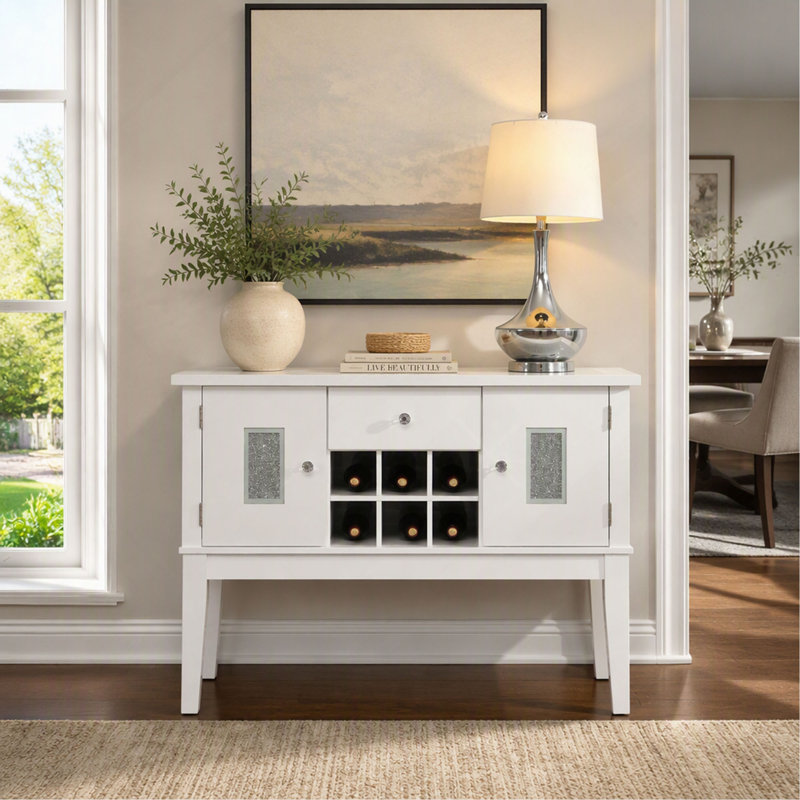 Buffet Elizaveta en faux cristal avec finition laquée blanche lustrée, meuble de rangement élégant pour salle à manger