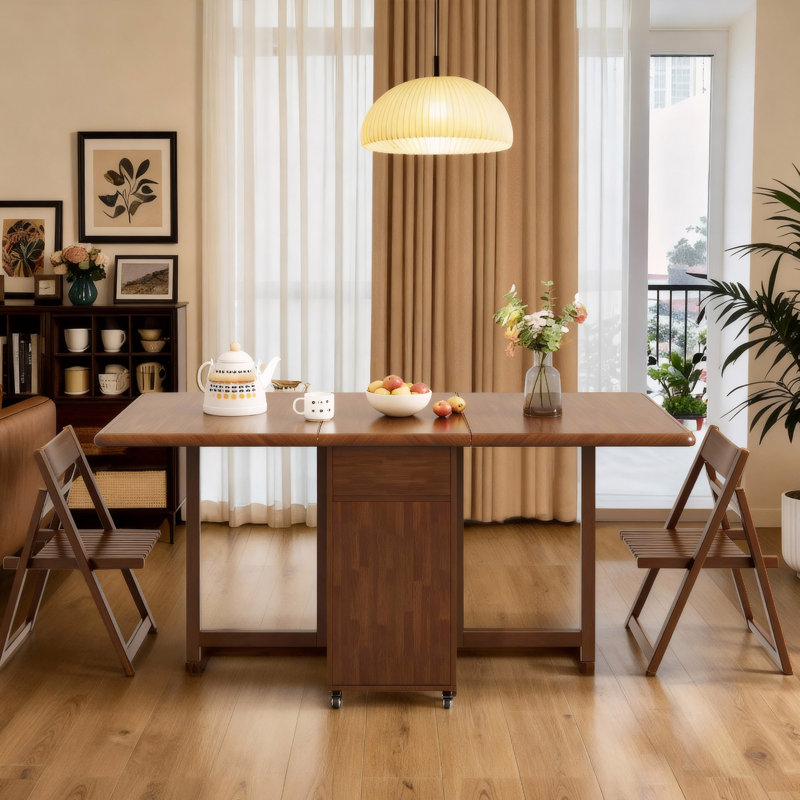 Solid Wood Foldaway Table, Walnut with Casters, Featuring 2 Drawers and Hidden Chair Compartment Fast Dispatch From UK Warehouse – Dispatched Within 2 Days
