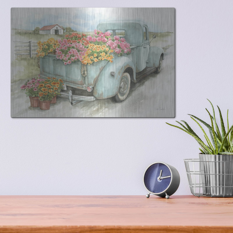 Art mural en métal «Truck With Flowers» par Leslie Trimbach, H 12 po x l 16 po