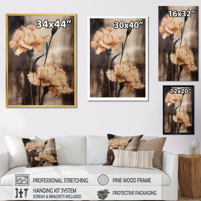 Œillets bruns rétro I sur toile, H 44 po x l 34 po x P 1,5 po, Encadrement doré