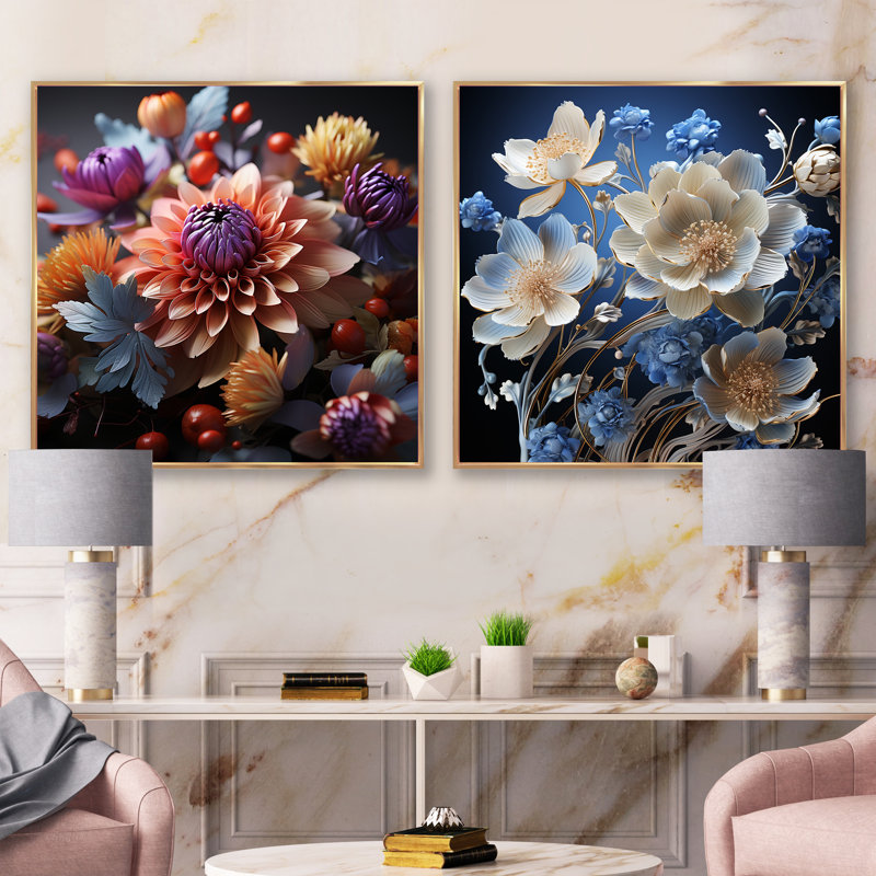 Ensemble de 2 fleurs de néon rose et bleu, Cadre flottant doré, H 36 po x l 73 po