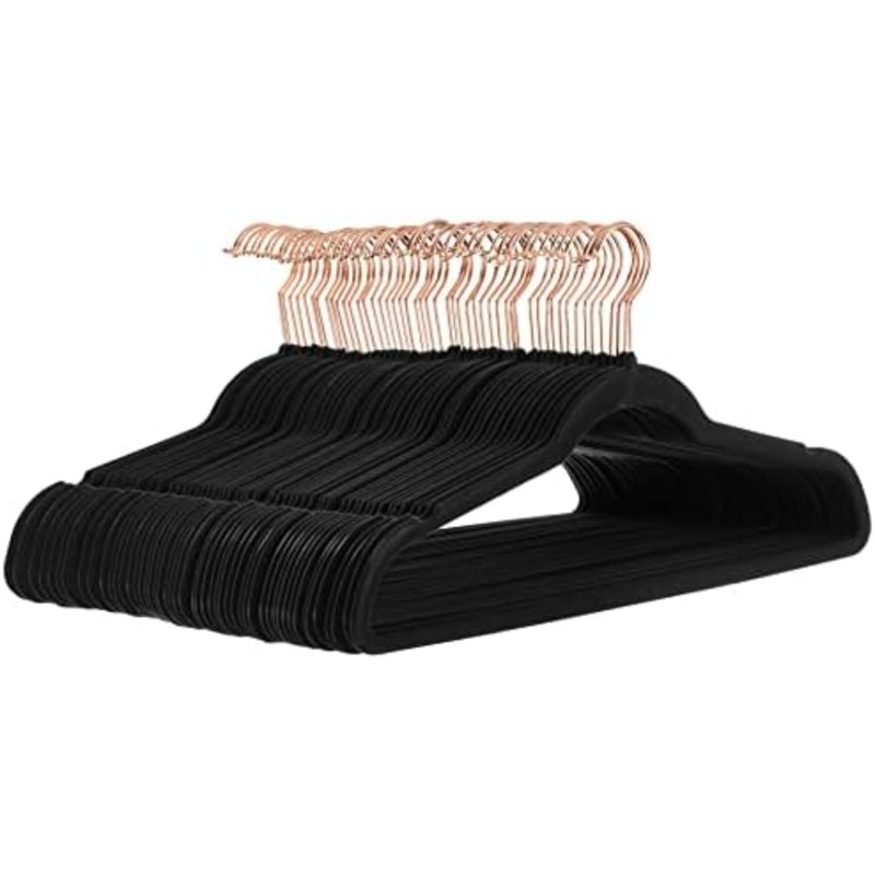 Slim, velours, cintres de costume antidérapants, noir / or rose - paquet de 50