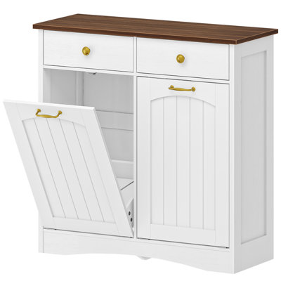 Double Trash Can Cabinet With 2 Drawers, Tilt-out Garbage Bin Storage, Freestanding Kitchen Island Cabinet With Flip Doors
