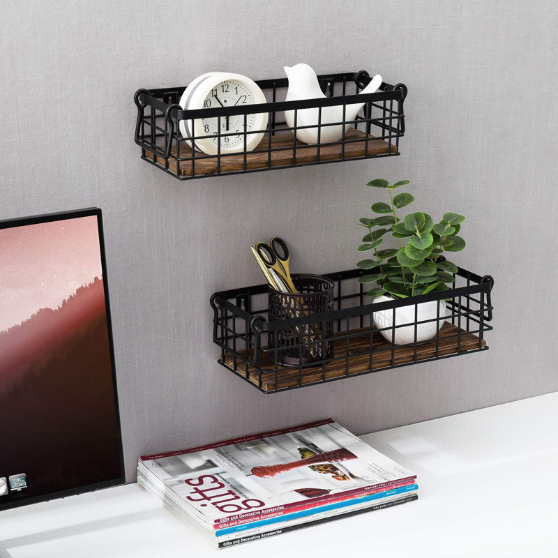 Wall Mounted Or Tabletop Rustic Black Metal Wire And Burnt Wood Small Decorative Storage Baskets With Handles