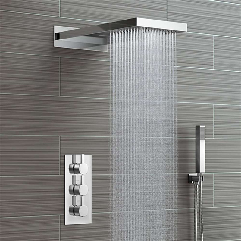 Leo Contemporary Chrome Dual Rainfall & Waterfall Shower System with 3-Way Thermostatic Mixer and Handheld Shower
