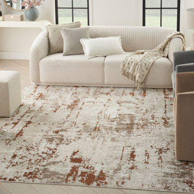 Bordas Abstract Modern Machine Woven Area Rug Area Rug in Ivory/Rust