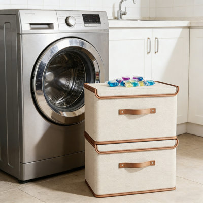 2Pcs Large Fabric Storage Bins with Lid,Stackable Storage Bins with Leather Handles, Decorative Storage Boxes with Lids for Bedroom, Closet, Nursery,