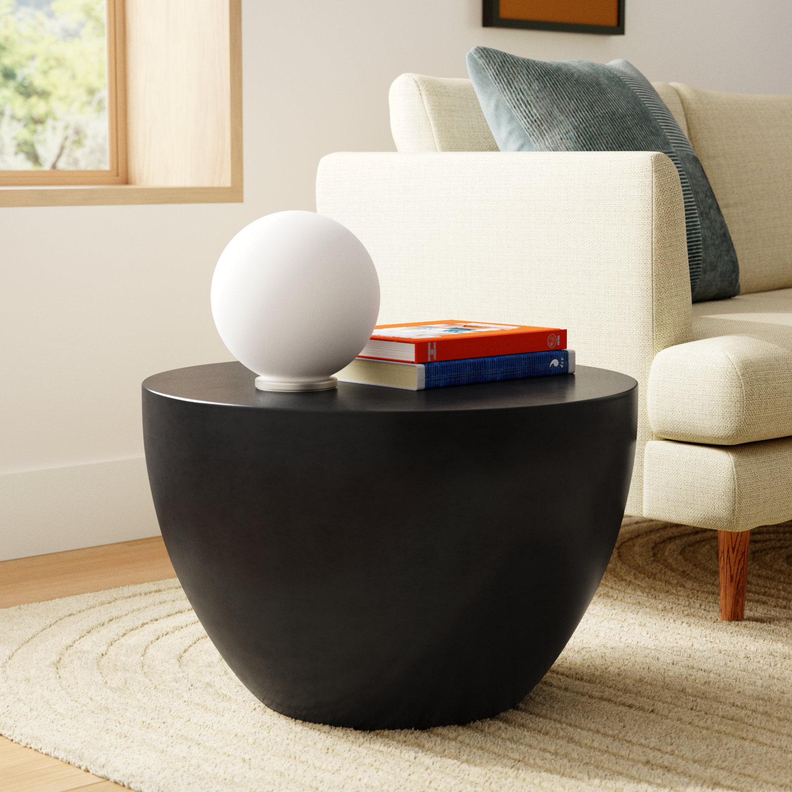 Julie Concrete Drum End Table, Black